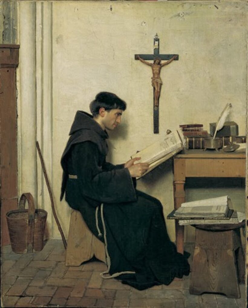 Duns Escoto en su celda, pintura de Giacomo Favretto (1872)